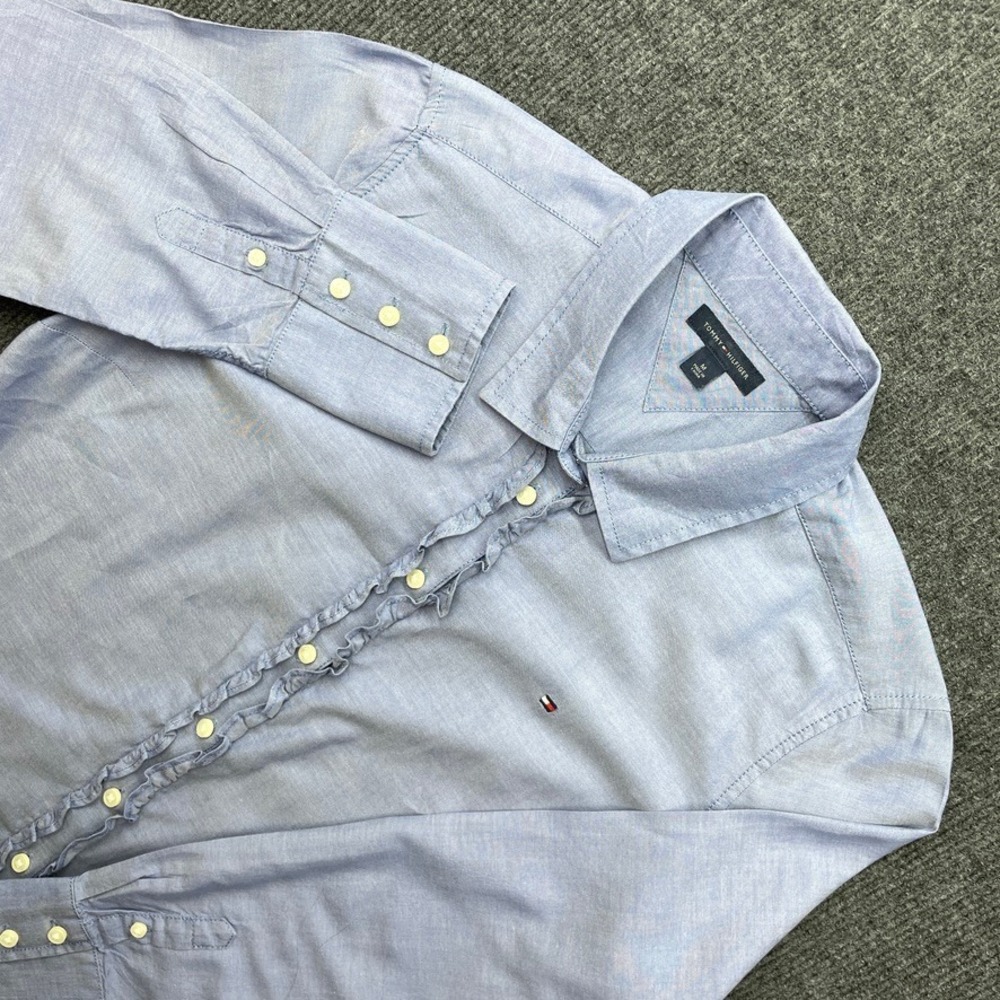 Tommy Hilfiger Ruffle Trim Button Down Shirt Blue Size M Long Sleeve Workwear